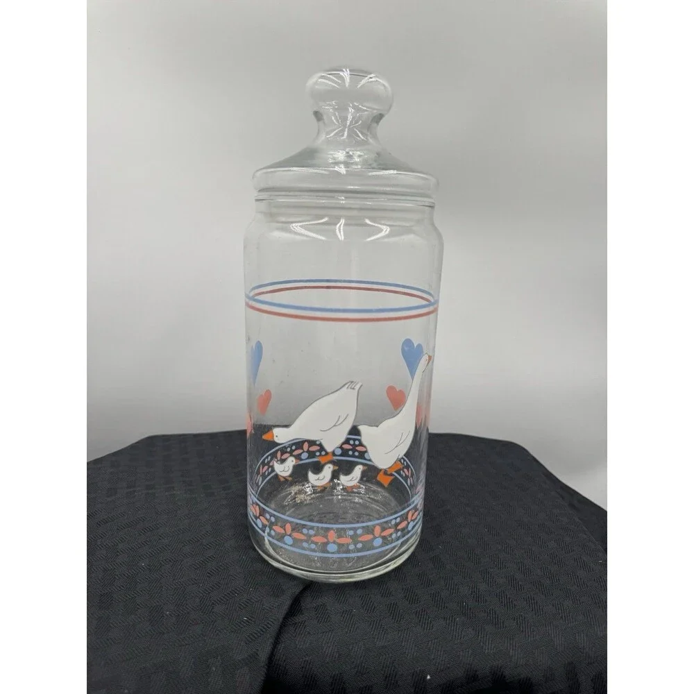 Vintage Luminarc France Tall Apothecary Glass Storage 10.5'' Jar Hearts & Geese